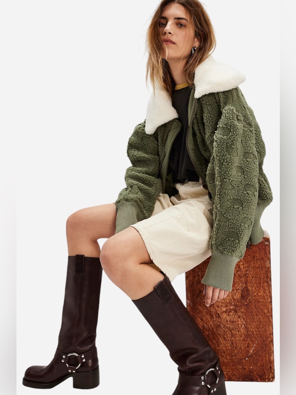 Free People Cozy Up Faux Fur Cardi in Crystal Green Kelp Combo size XS